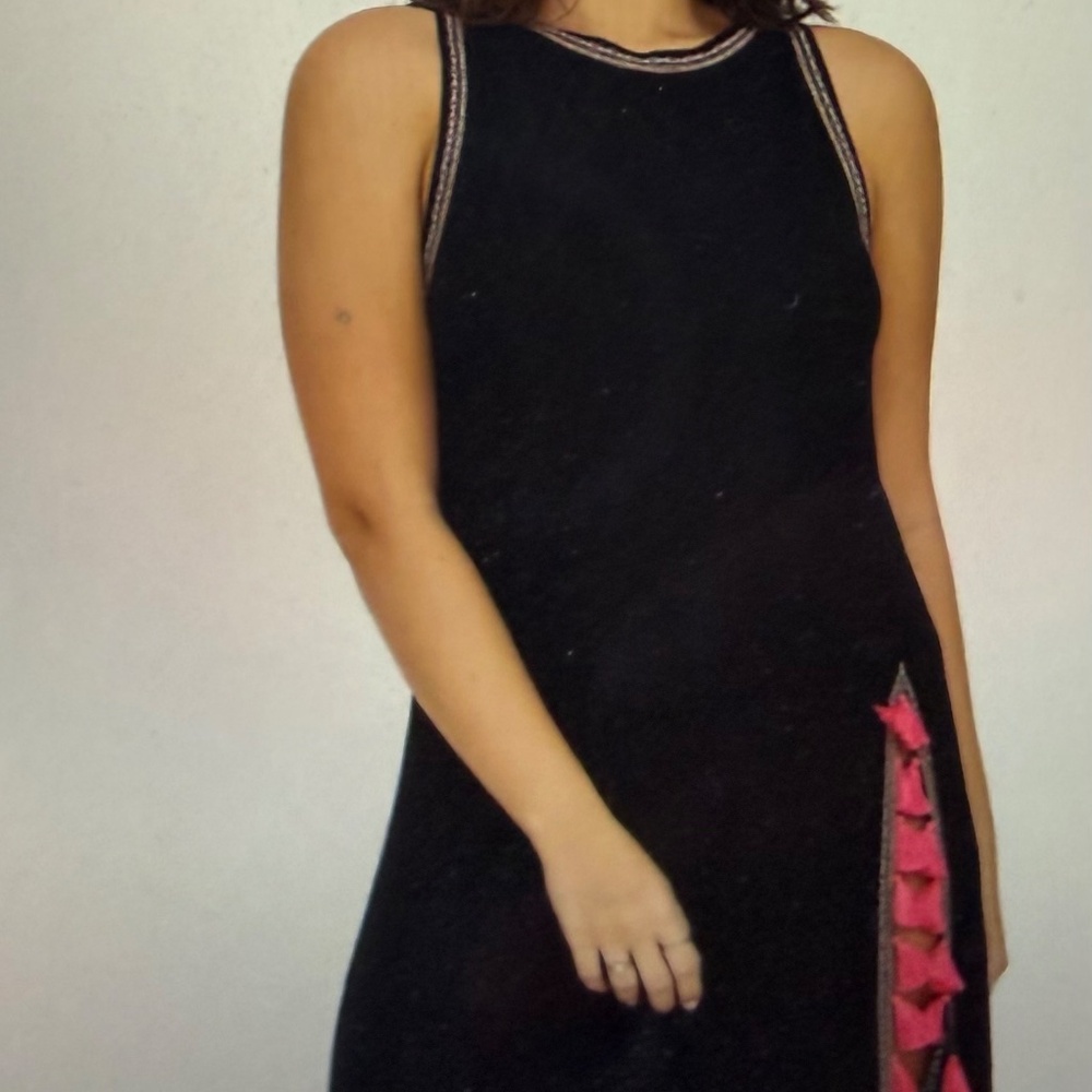 Pitusa Tassel Maxi Split Dress Black With Vibrant Pink Tassels - Picture 3 of 4